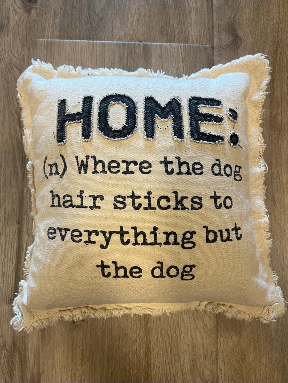 Fringed Cream Throw Pillow with 'HOME' Dog Hair Quote